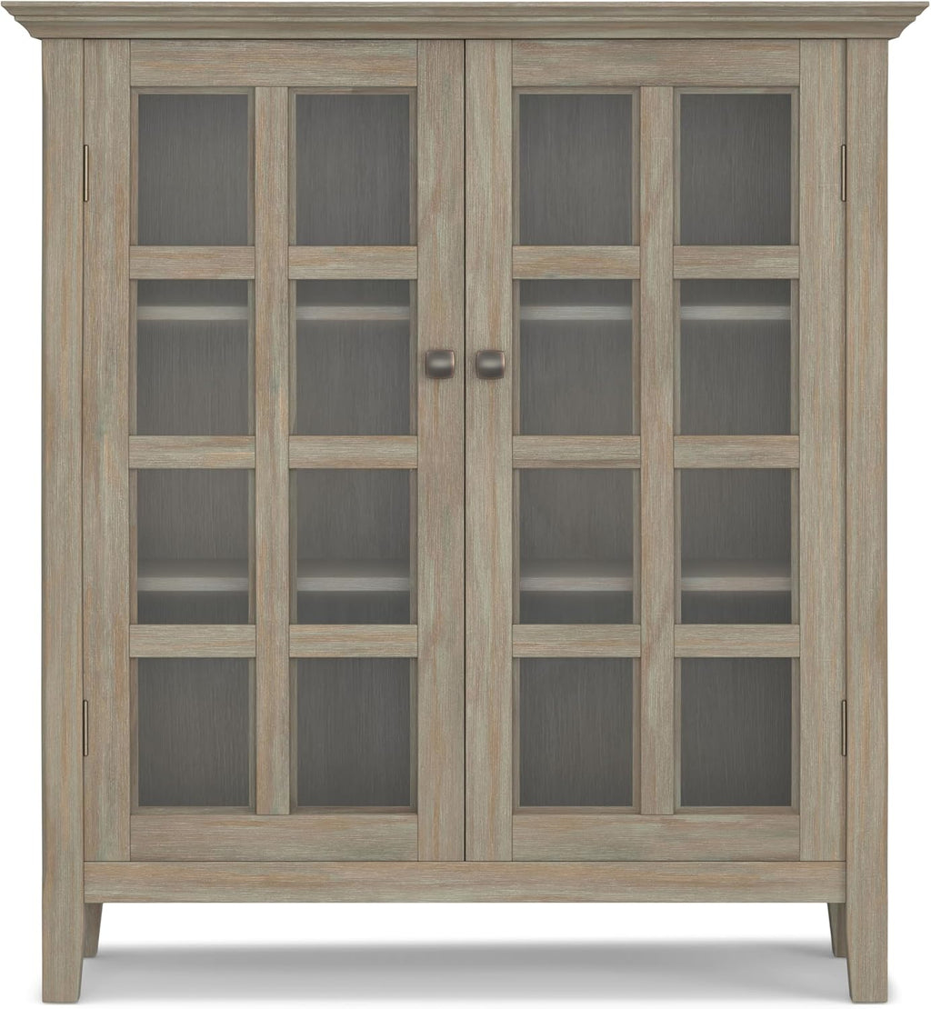 SIMPLIHOME Acadian Storage Cabinet - 39 inch Wide Solid Wood 4-Shelf Display Cabinet in Distressed Grey, Transitional Cupboard for Living Room or Dining Room with Glass Doors and Adjustable Shelves