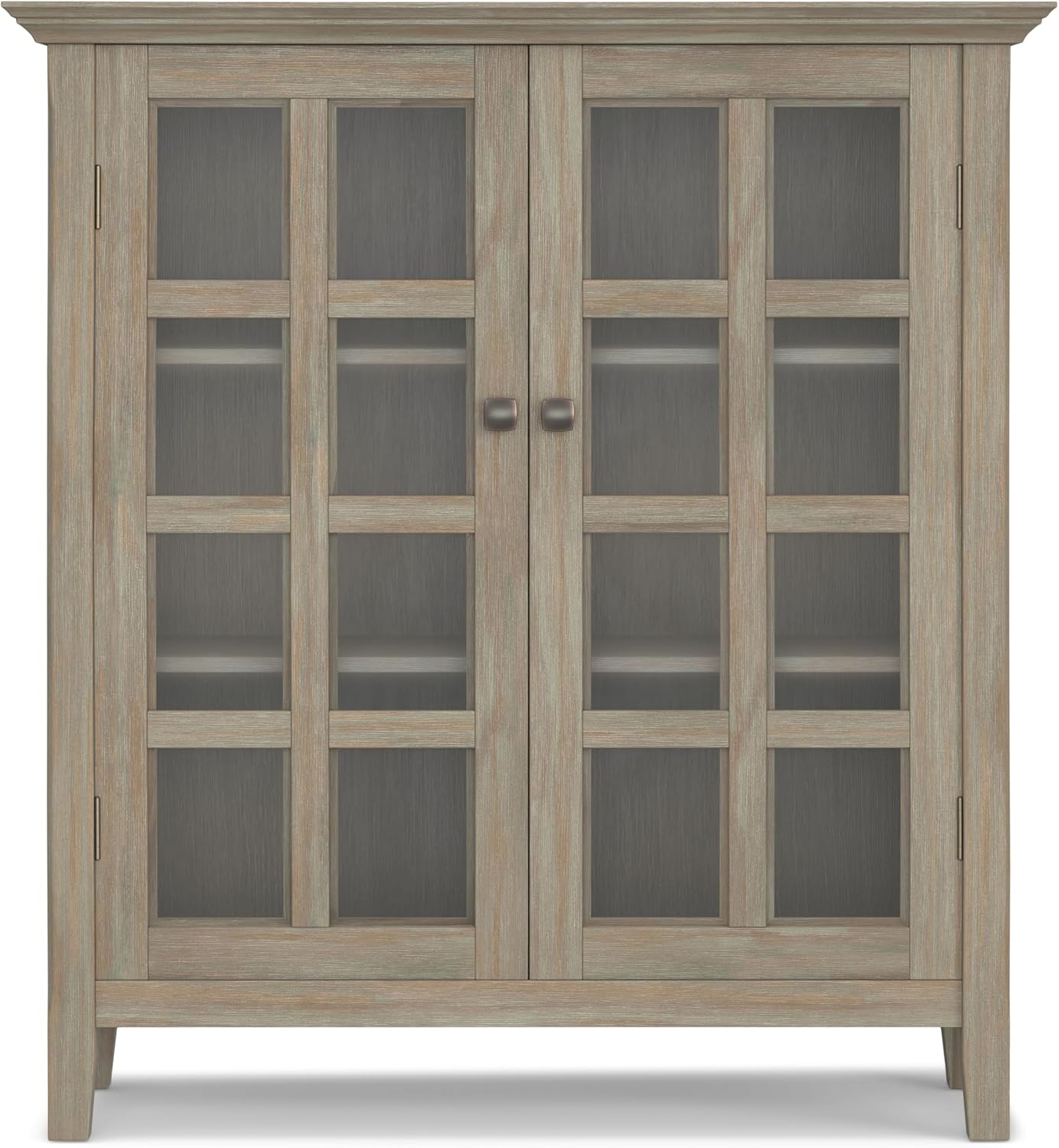 SIMPLIHOME Acadian Storage Cabinet - 39 inch Wide Solid Wood 4-Shelf Display Cabinet in Distressed Grey, Transitional Cupboard for Living Room or Dining Room with Glass Doors and Adjustable Shelves