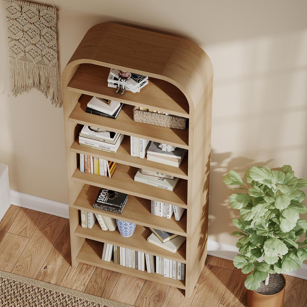LEVNARY 70' Tall Arched Bookcase, 7-Tier Freestanding Storage Cabinet with Adjustable Shelves, Thick MDF Bookshelf for Bathroom Living Room Bedroom (Natural)