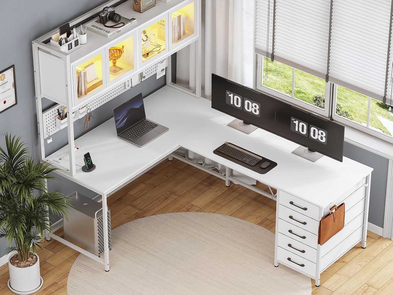 SEDETA L Shaped Gaming Desk with Drawers, L Shaped Computer Desk with Hutch and Storage Shelves, Gaming Desk with Pegboard, Led Lights, and Power Outlet, Home Office Desk, Corner Desk, White