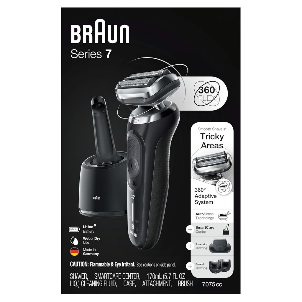 Braun Series 7 7075cc Electric Razor for Men with SmartCare Center, Beard Trimmer, Wet & Dry, Rechargeable, Cordless Foil Shaver, Black