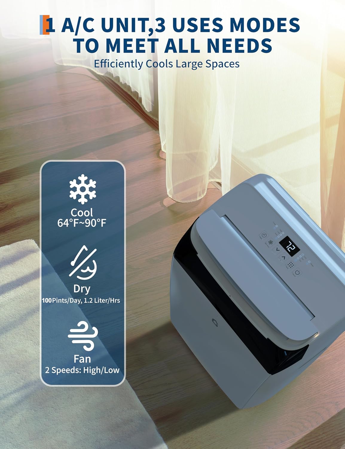 14000 BTU Room Air Conditioners with Remote Control, 3-in-1 Free Portable AC Unit with Fan & Dehumidifier, Cools Room up to 750 sq.ft, Smart/Sleep Mode,3 Speed,Auto Swing,24H Timer