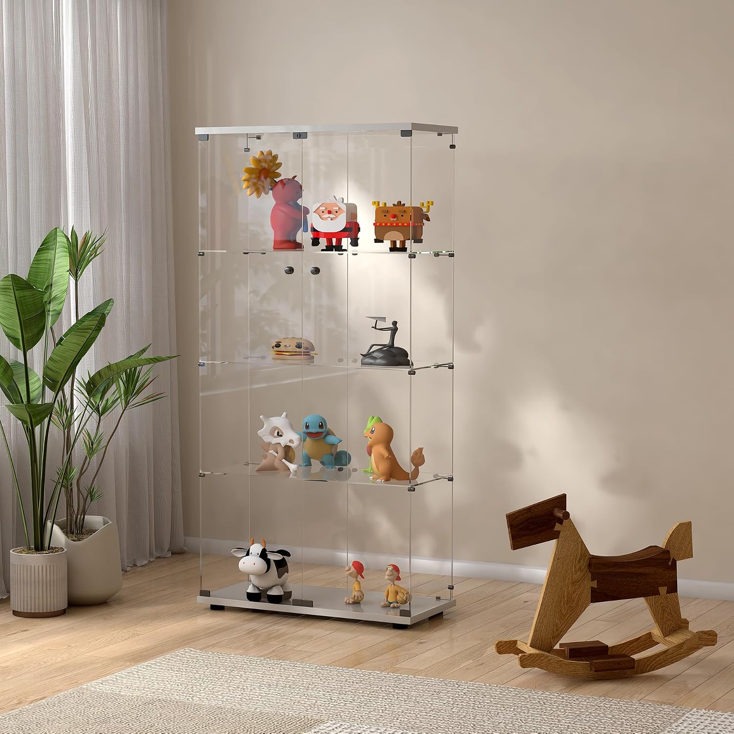 Modern 4-Tier Shelf Glass Curio Collection Display Case Cabinet with 2 Door in Clear, Showcase with Lock for Collectibles, Trophy, Action Figure 31' W x 14.3' D x 64.5' H