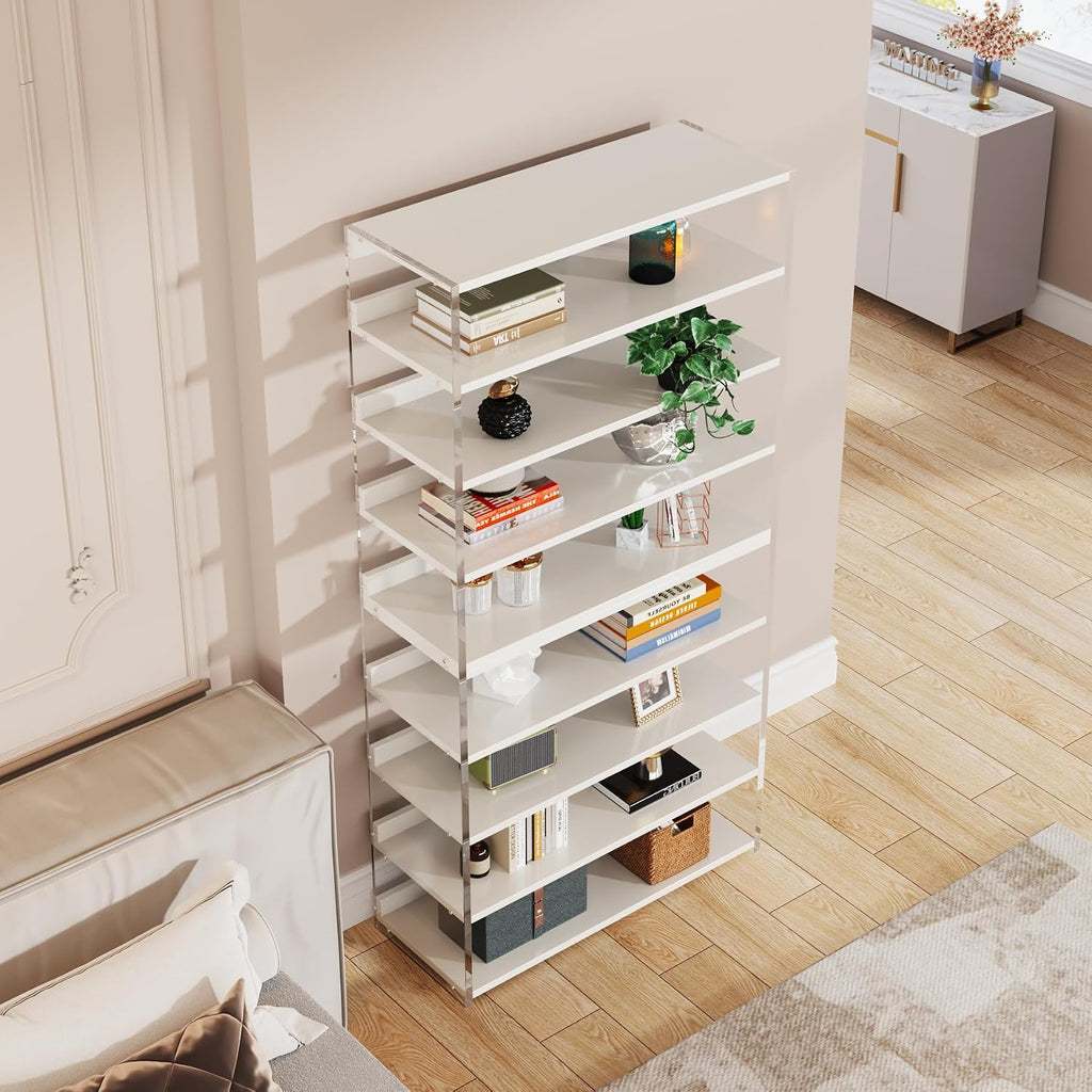 Tribesigns 8-Tier Acrylic Bookshelf, Modern Bookcase with Wood Shelves, 63' Display Storage Rack for Living Room, Bedroom, Home Office, White & Transparent (Without LED)