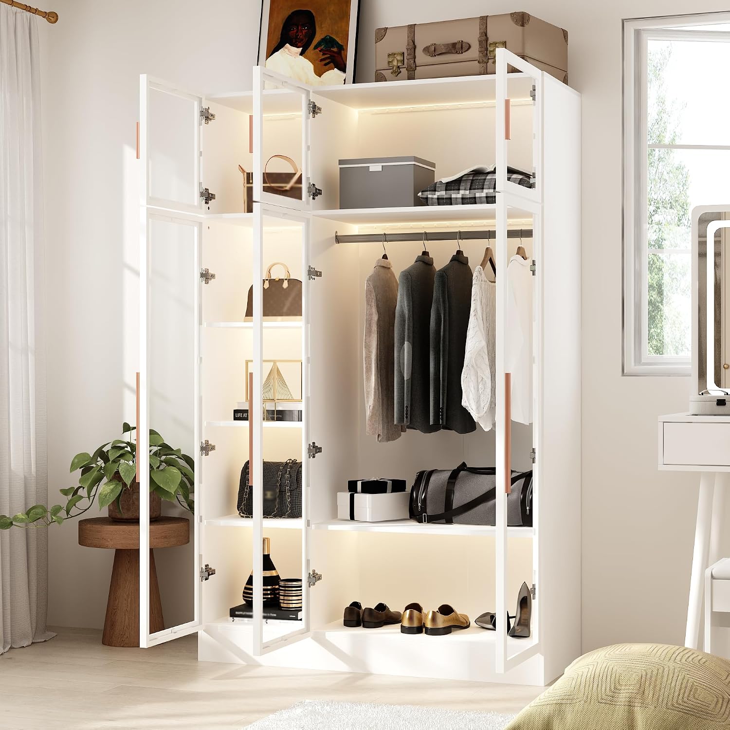 Wardrobe Cabinet with LED Lights, Armoire Closet with Glass Doors, Wooden Large Wardrobe with Hanging Rod & 5 Tiers Shelf, Modern Bedroom Armoire Clothes Organizer, White 47.2' W