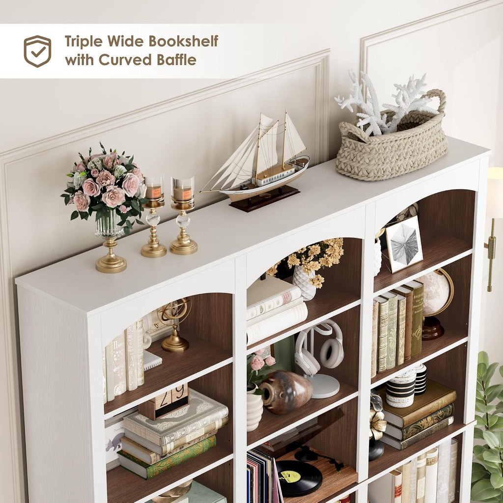 FACBOTALL 71' Triple Wide Bookshelf, 6 Tier Tall Bookshelf, Large Bookcase with Curved Baffle, 63.4' Wide Book Shelf with 18 Open Display Shelves for Living Room, Study, Walnut and White