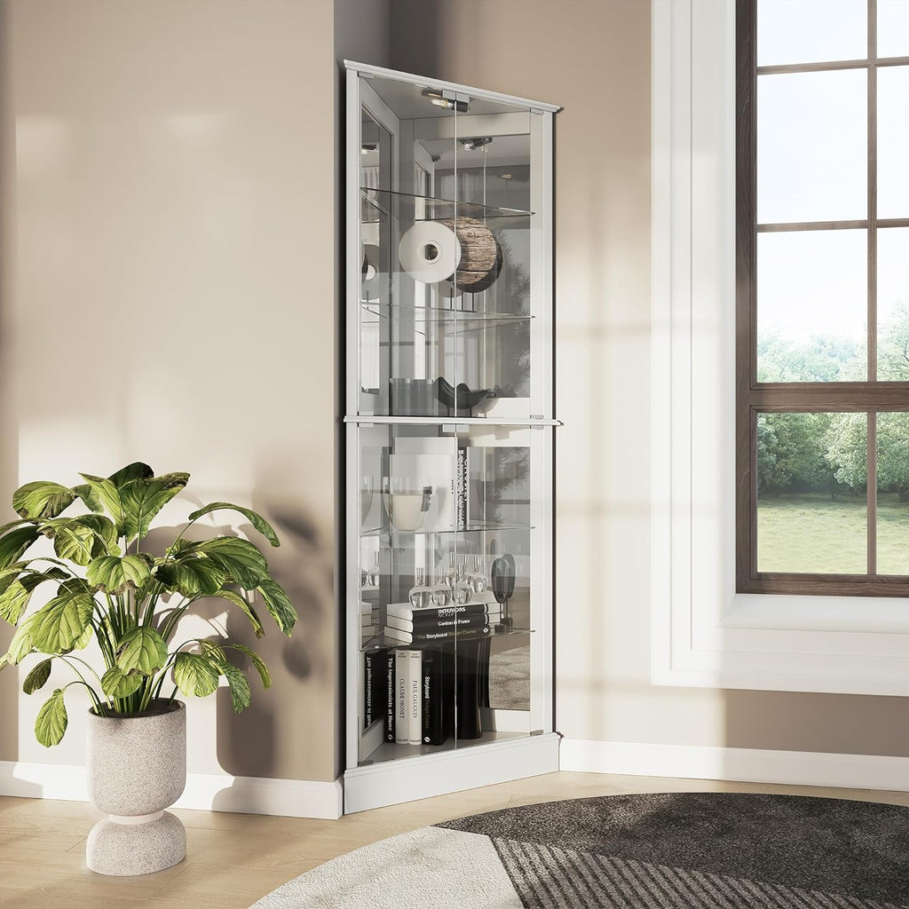 BELLEZE Lighted Accent Corner Display Curio Cabinet with Tempered Glass Doors and Shelves, Classic Wood Cabinet w/Bulb, Corner Curio Storage Rack for Living Room, Bed-Room and Kitchen (White)
