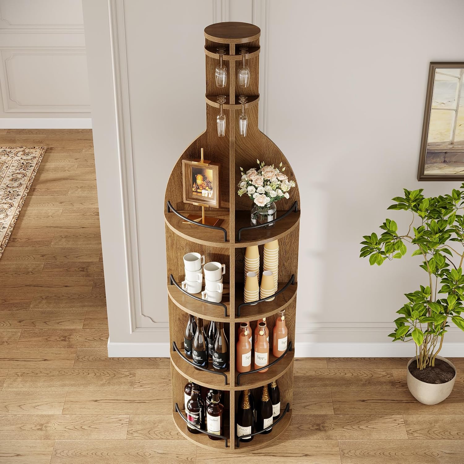 Tribesigns 75-Inch Tall Wine Rack with Storage Shelves, Industrial Round Wine Cabinet with Goblet Holder, Freestanding Bar Liquor Bottle Display Shelf for Living Room, Basement, Brown (Set of 2)