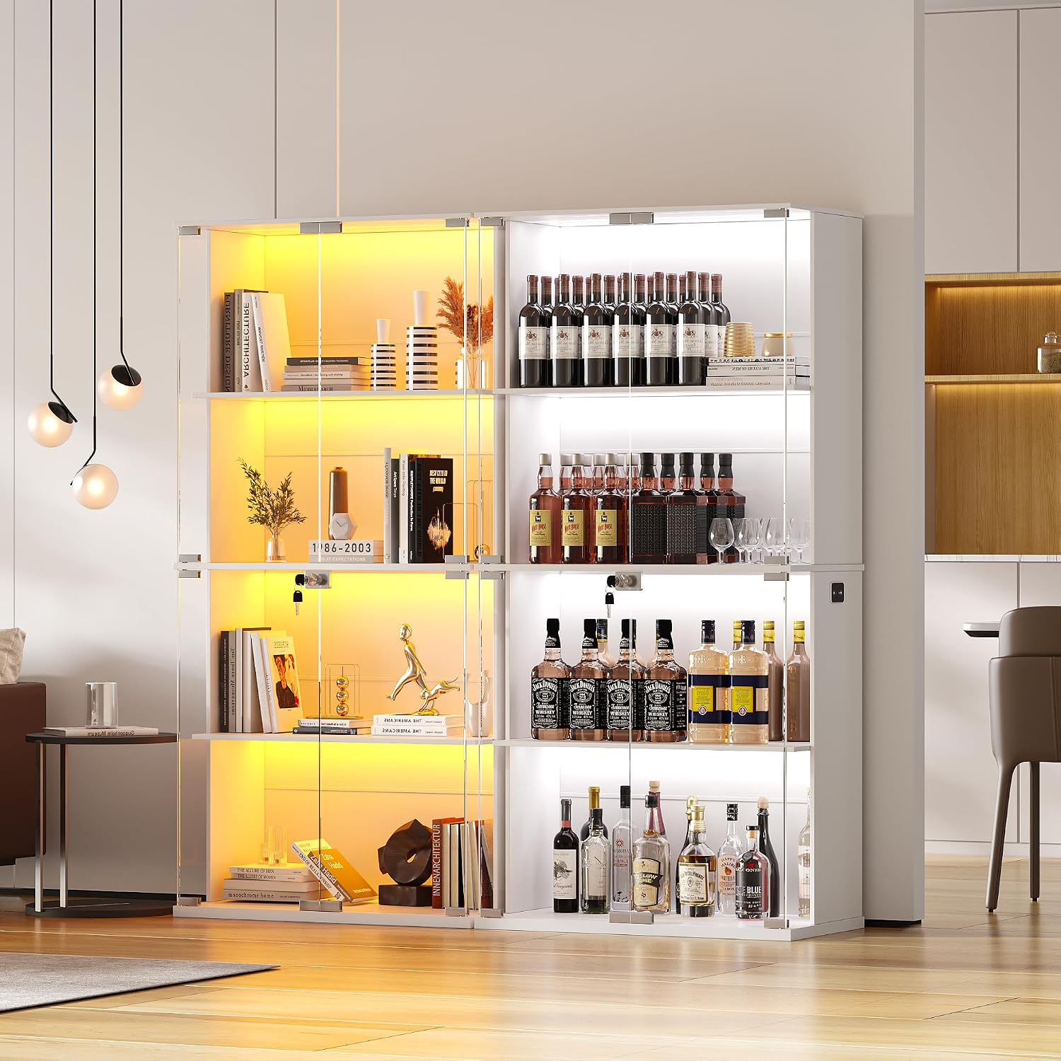 Lvifur Display Cabinet with Glass Doors,66' Curio Cabinet with Adjustable Shelf and Lockable,4-Tier Bookcase with 3 Color Lights for Collectibles,Storage Cabinets with Human Body for Books,Toys,White