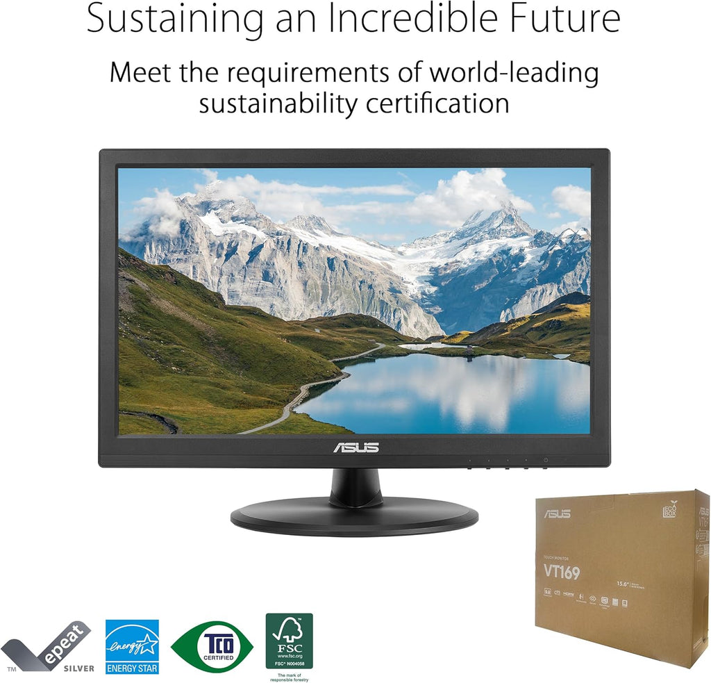 ASUS 15.6' 1080P Touch Monitor (VT169HE) - Full HD, 10-Point Touchscreen, IPS, Wide Viewing Angle, Frameless, Eye Care, Flicker Free, Low Blue Light, HDMI, Windows 11 Compliance, VESA Mountable