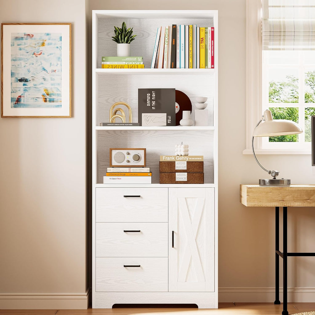 IRONCK Bookshelf with Drawers, 71 in Tall Bookcase with Doors and 3-Tier Shelves, for Bedroom Living Room Entrance Hallway Home Office