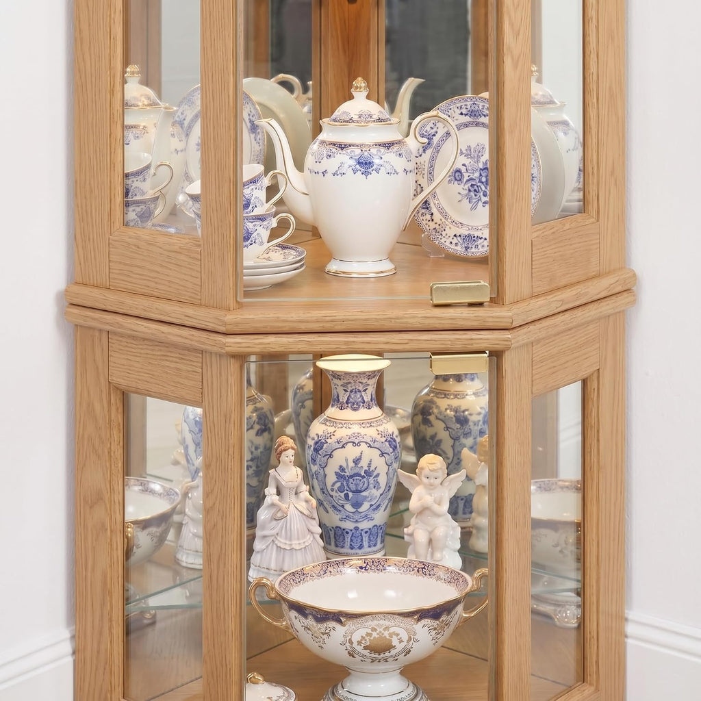 Casaphoria 70' Lighted Corner Curio Cabinet with Glass Doors, Tall Display Cabinet for Collectibles with Mirrored Back and Adjustable Shelves for Living Room and Liquor Storage (Oak)