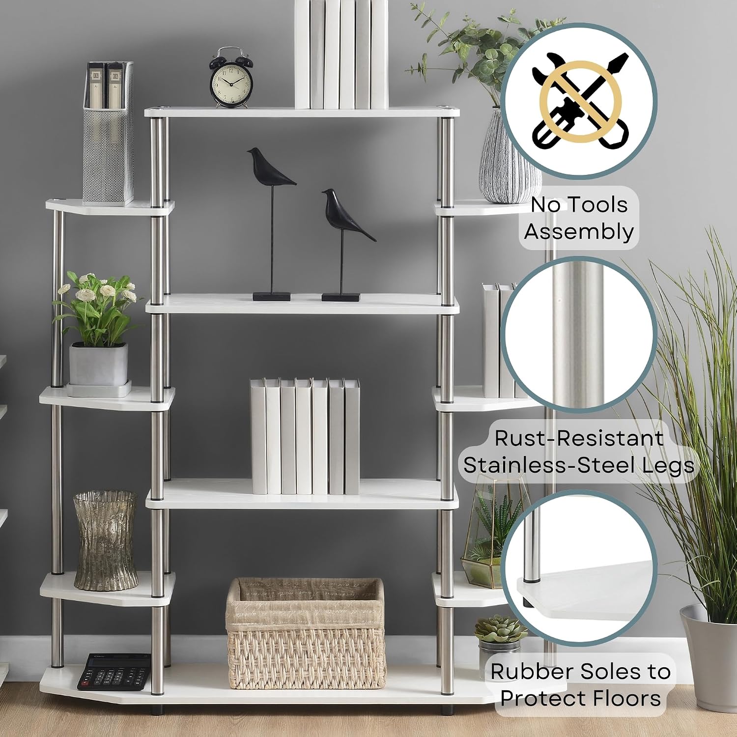 Convenience Concepts Designs2Go No Tools Wall Unit Bookshelf 47.25' - Contemporary Storage Shelves for Display, 10 Spacious Shelves for Modern Living Room, Office, Den, White