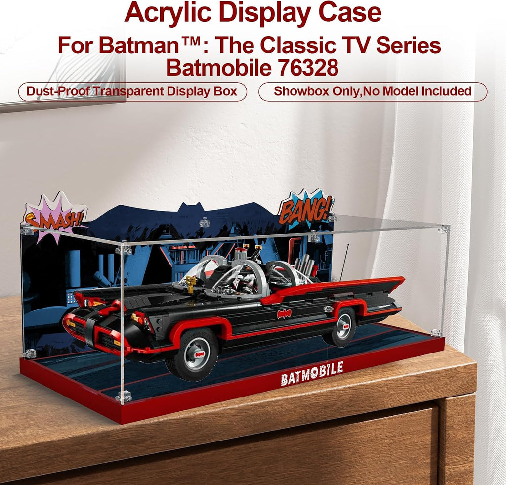 Acrylic Display Case for Lego DC Batman: The Classic TV Series Batmobile, Dustproof Display Box Compatible with Lego 76328 (ONLY Box, NOT Model) Clear Acrylic Plate with Base & HD Painted