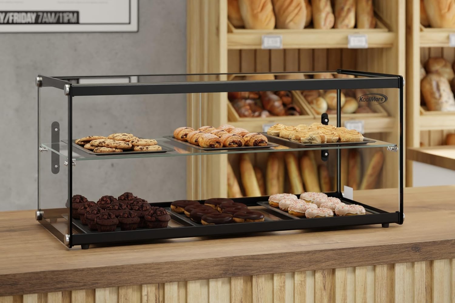 KoolMore 33 in. 2 Tiered Pastry Display Case with Glass Shelf and Sliding Door, 3.2 cu. ft. Capacity, ETL Listed (KM-DC-3CSBK)