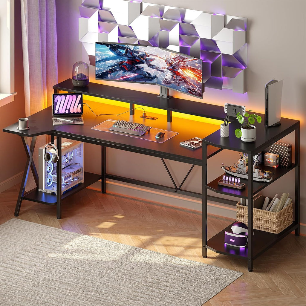 SEDETA Gaming Desk 70.8'' with LED Lights and Storage Shelves, Computer Desk with Monitor Stand, Power Outlets and Cup Holder, Large PC Gamer Desk, Gaming Table for Bedroom, Living Room, Black