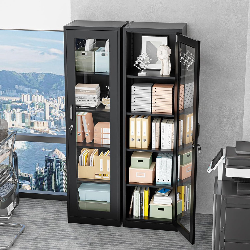 VINGLI Lockable Display Cabinet with Glass Door & 4 Adjustable Shelves, 65' Tall Metal Storage Cabinet Curio Liquor, Bookshelf Bookcase for Home Office Living Room Pantry Garage (Black)