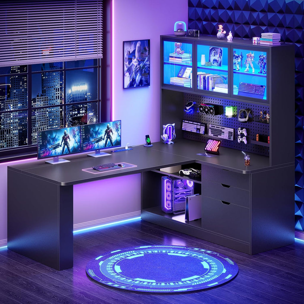 SEDETA L Shaped Computer Desk, L Shaped Corner Gaming Desk with 3 Wood Drawer and Large Bookshelf, Home Office Desk with LED Light, Display Cabinet and Pegboard, 27.5' W Large Desktop Table, Black