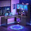 SEDETA L Shaped Computer Desk, L Shaped Corner Gaming Desk with 3 Wood Drawer and Large Bookshelf, Home Office Desk with LED Light, Display Cabinet and Pegboard, 27.5' W Large Desktop Table, Black