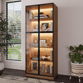 Mekminop Glass Display Cabinet with Lights and Shelves, Modern Display Case Cabinet with Glass Doors and L-Shaped Handle, Freestanding Bookcase for Living Room, Home Office, Walnut