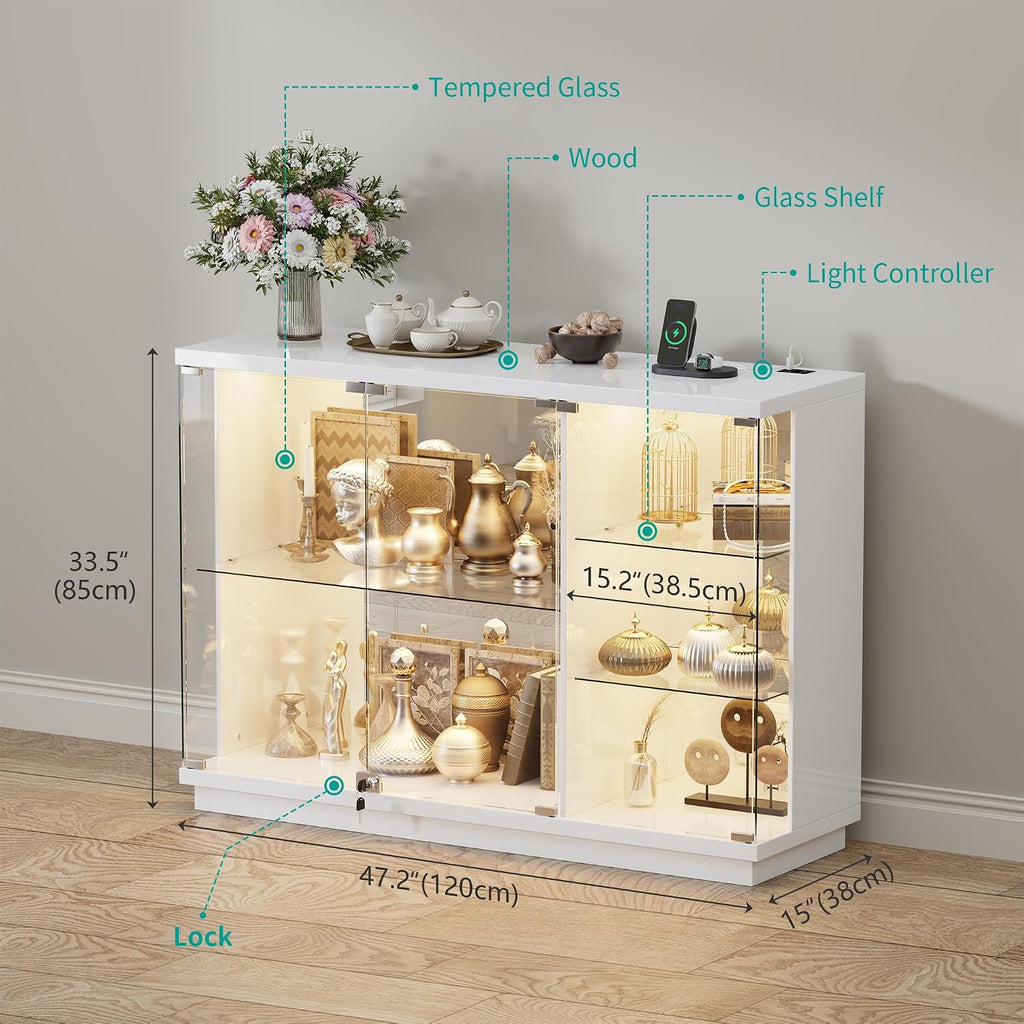 HNEBC Lockable Display Curio Cabinet with Glass Door,47.2' W Glass Display Cabinet with 3 Color Lights for Collectibles,5-Tier Lighted Display Case with Human Sensor,Living Room,White
