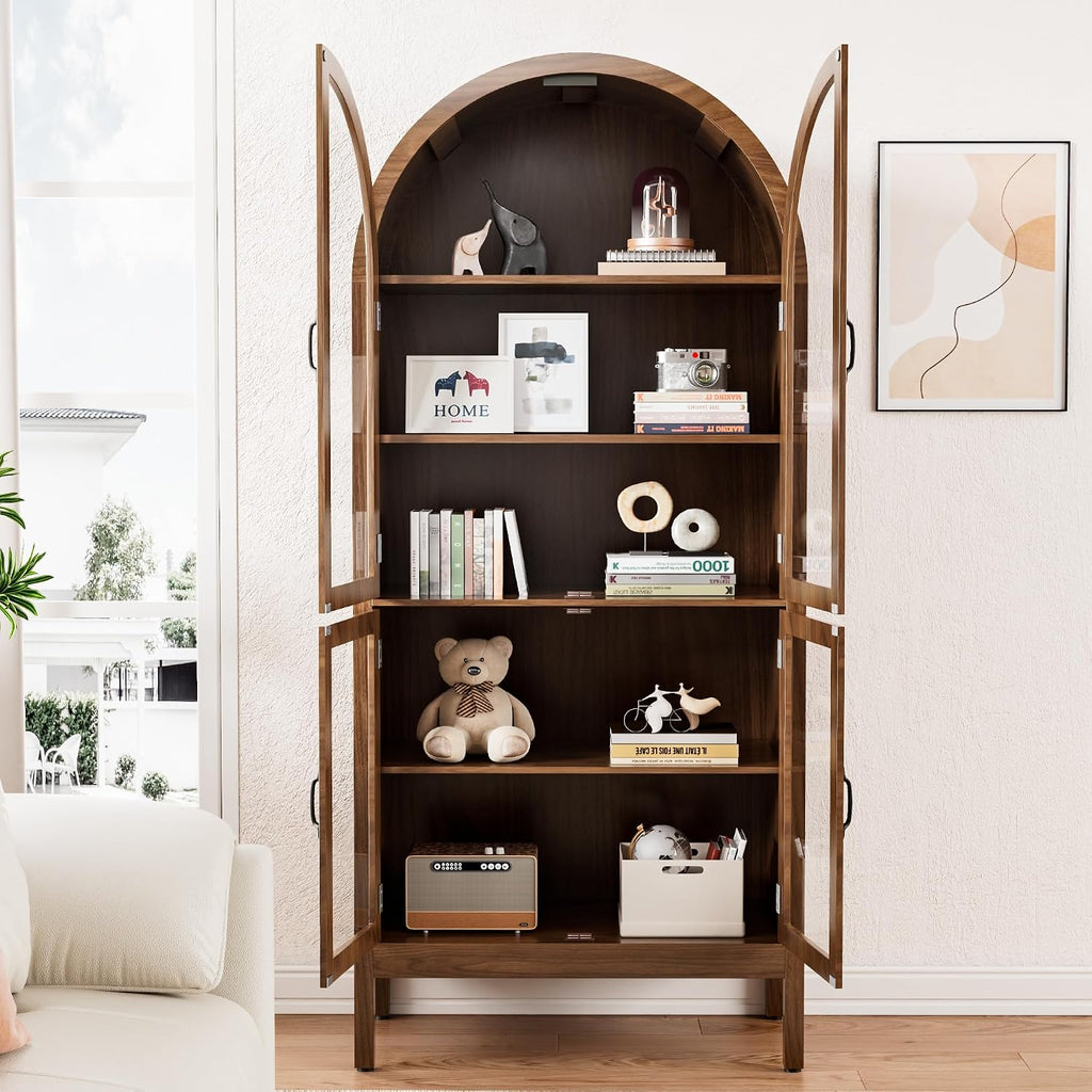 Lxsxlome 70.9'' Tall Arched Display Cabinet with Acrylic Glass Doors, Modern 5-Tier Arched Bookcase, Kitchen Pantry Storage Cabinet Curio Cabinets for Living Dining Room (Walnut, 31.5''W)