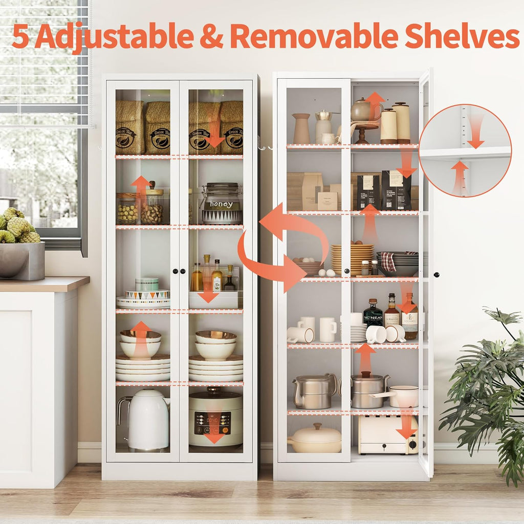 72' Metal Storage Cabinets with Glass Doors and 5 Shelves,White Kitchen Pantry Cabinet,Freestanding Steel Cupboard Display Cabinets for Kitchen,Living,Dining Room,Bathroom,Assembly Required