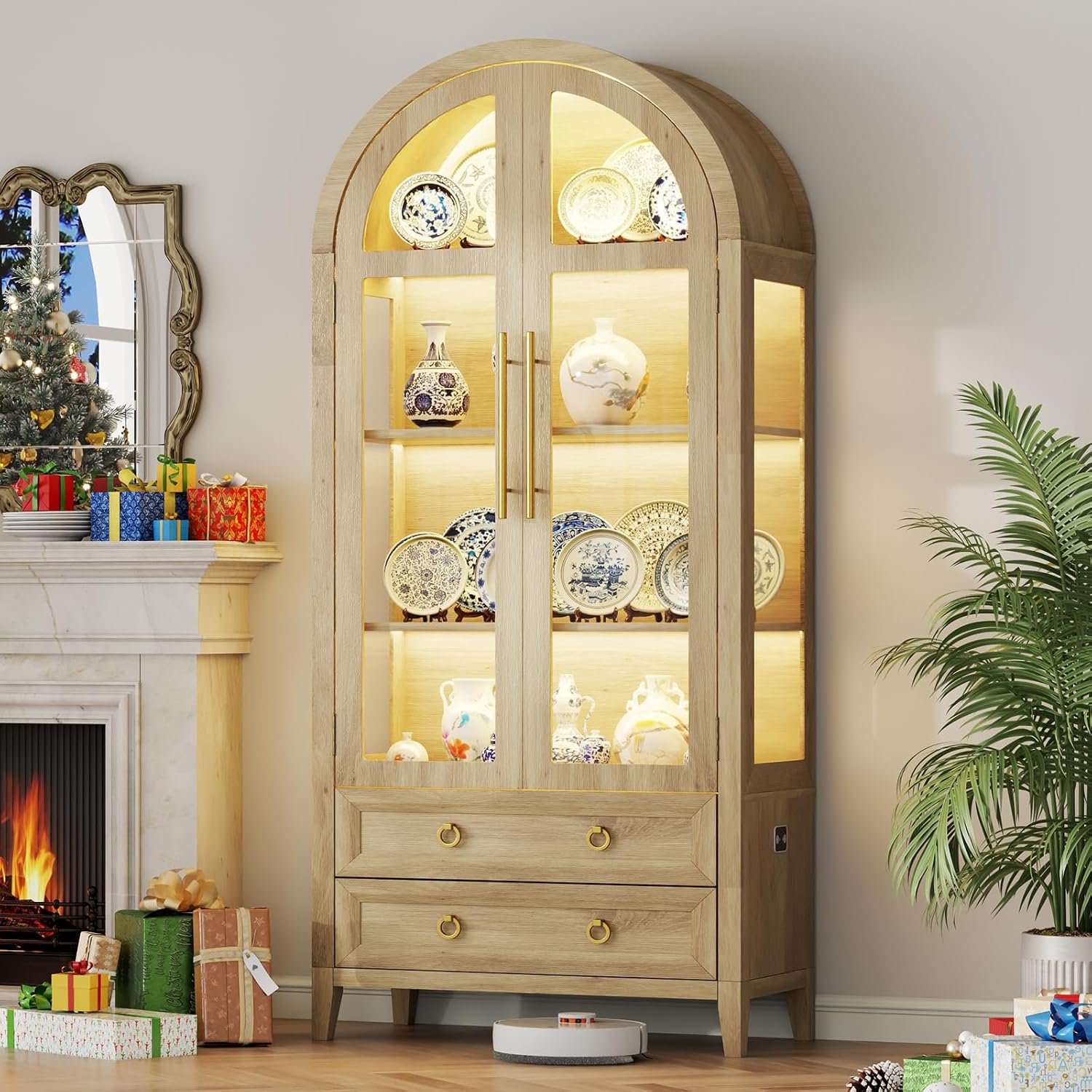 Vlsrka 71' Arched Curio Cabinet with Glass Doors, 4-Shelves Display Cabinet and 2 Drawers, Display Case with 3 Color Lights, Tall Bookcase, Kitchen Pantry, Wood Color
