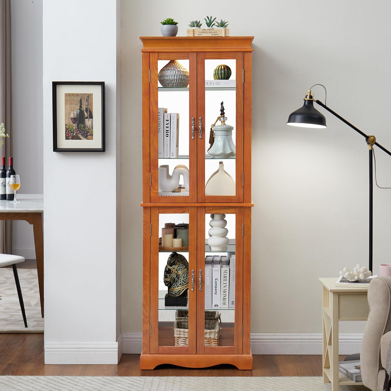 Glass Curio Cabinet with Lights & Adjustable Shelves, Corner Cabinet for Kitchen, Living Room, Office (Free Standing, Light Bulb Included) - Walnut, 70.08'H x 23.82'W x 11.81'D