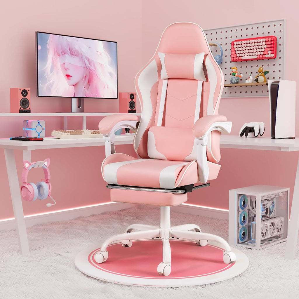 Homall Gaming Chair, Video Game Chair with Footrest and Massage Lumbar Support, Ergonomic Computer Chair Height Adjustable with Swivel Seat and Headrest (Pink)