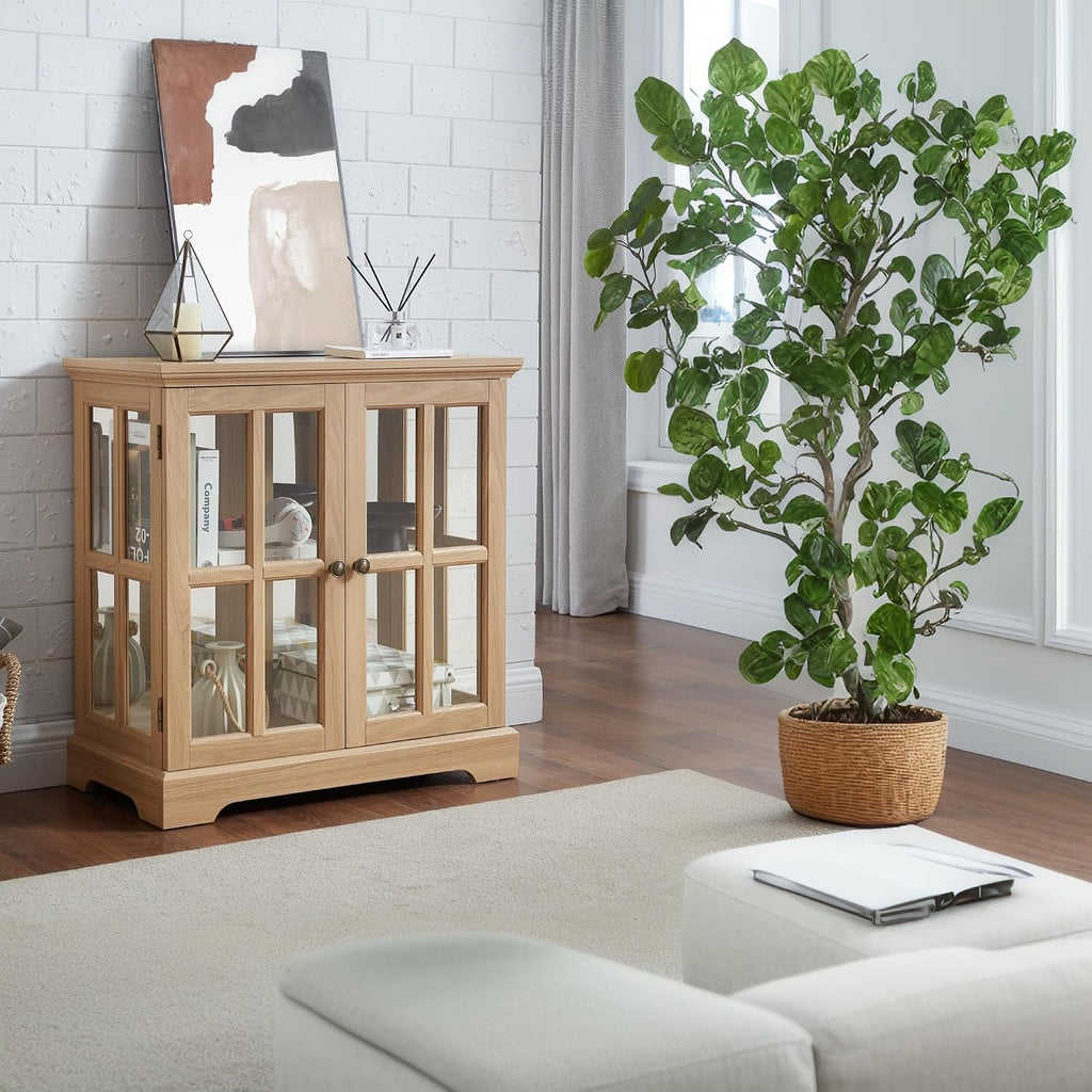 32' H LED Accent Curio Cabinet with 7 Color Lights for Collectibles, Modern Storage Cabinet with Tempered Glass Doors, Sideboard Buffet Case with Smartphone-Controlled Lights (Oak)