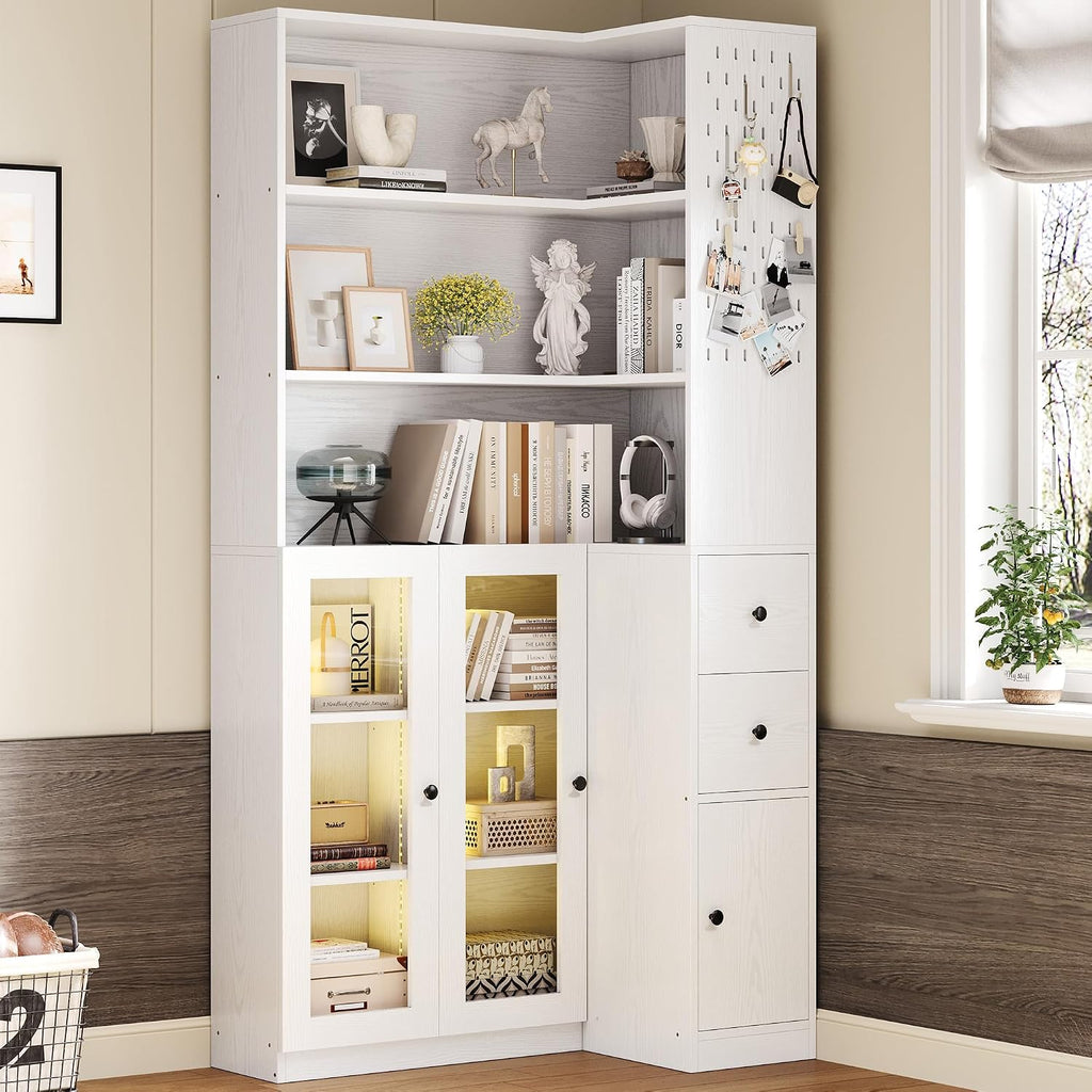 IRONCK Corner Bookshelf with LED Lights, 78.7' Tall Corner Bookshelves with 2 Drawers & Transparent Doors, 7 Tiers L-Shaped Bookcase with Open Shelves and Pegboards for Living Room, Home Office, White