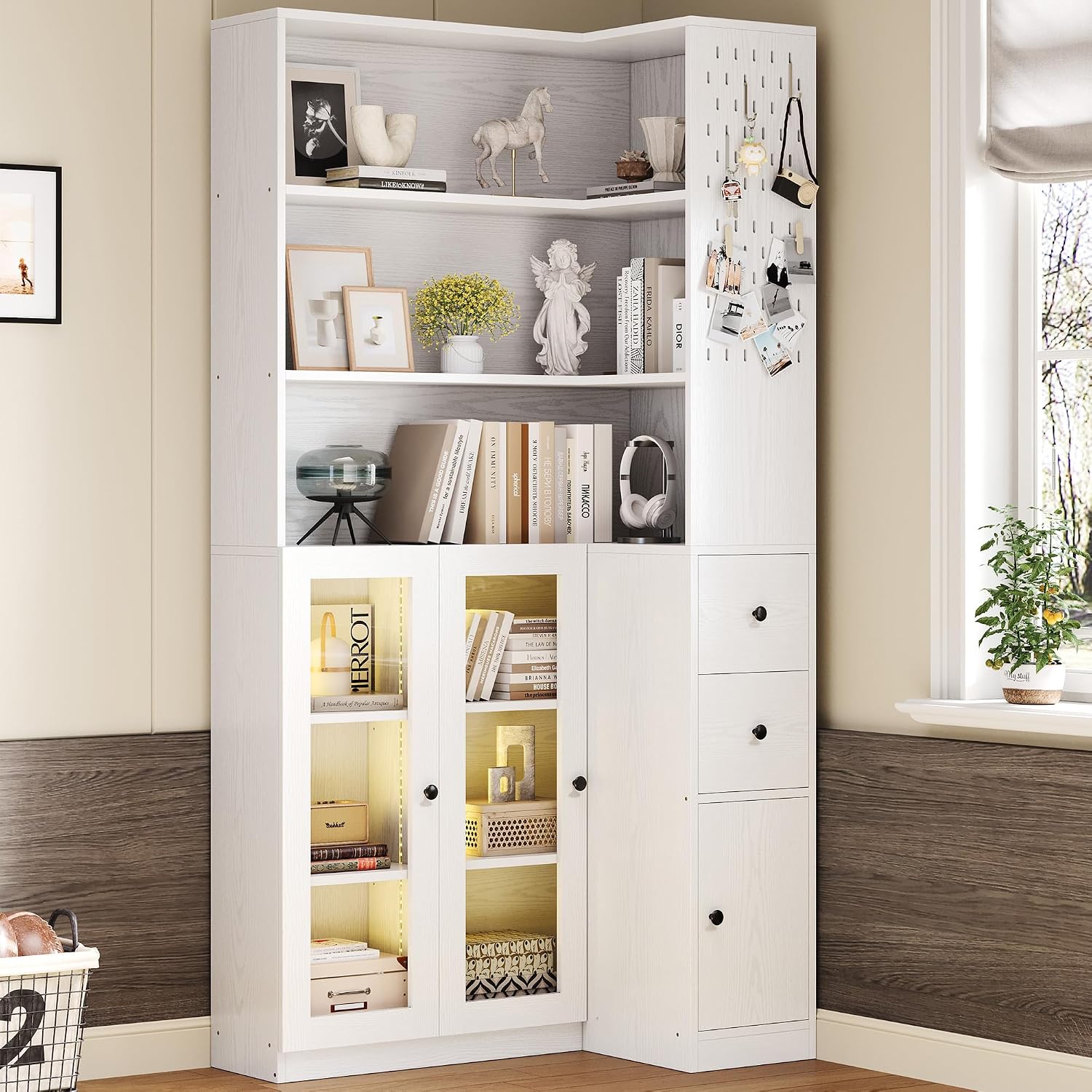 IRONCK Corner Bookshelf with LED Lights, 78.7' Tall Corner Bookshelves with 2 Drawers & Transparent Doors, 7 Tiers L-Shaped Bookcase with Open Shelves and Pegboards for Living Room, Home Office, White