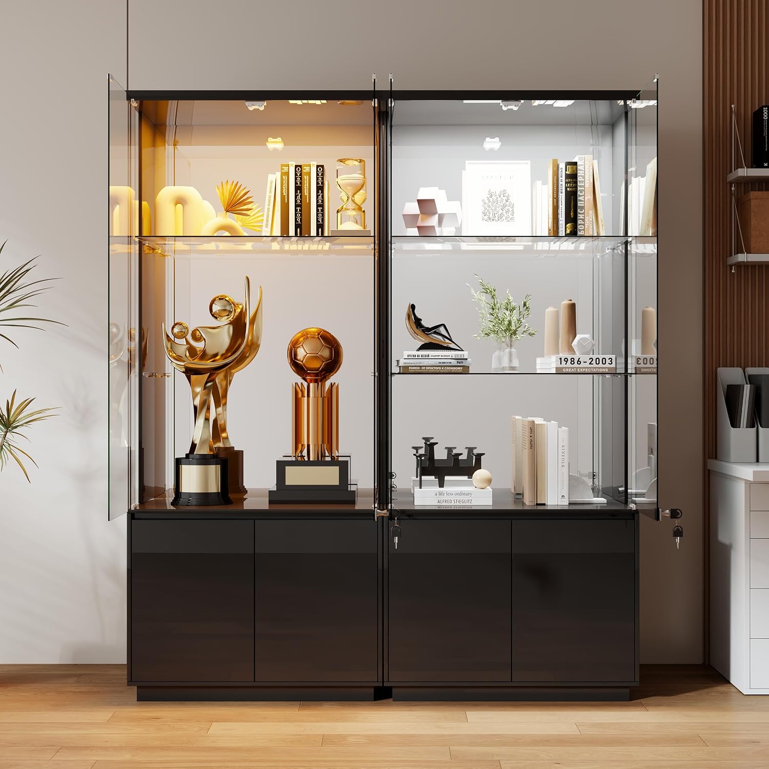 Lvifur 71' Tall Display Cabinet with Glass Doors, Modern Curio Cabinet Display Cases for Collectibles, Locking Cabinet with Shelves, Living Room Bookcase with Lights & Human Body Sensor (Black)