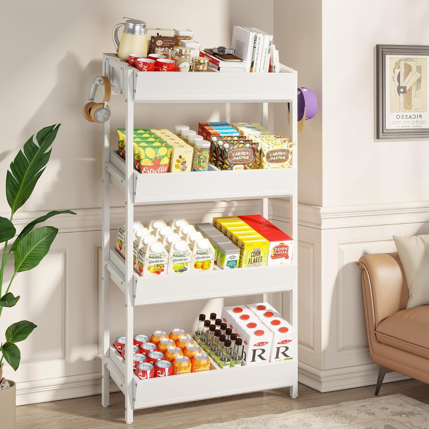 Tribesigns 4-Tier Retail Snack Display Shelf, Snack Rack Display Stand with 4 Hooks, Retail Shelves Racks for Vendors, Store, Supermarket and Home Kitchen