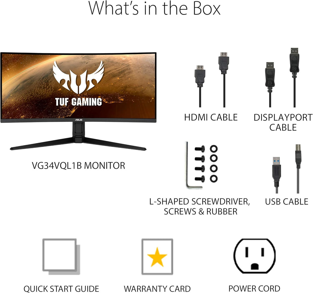 ASUS VG34VQL1B TUF 34 Inch Curved Gaming Monitor - WQHD (3440x1440), 165Hz, 1ms, Extreme Low Motion Blur, FreeSync Premium, Eye Care, Height Adjustable, DisplayHDR 400, DisplayPort, HDMI, USB