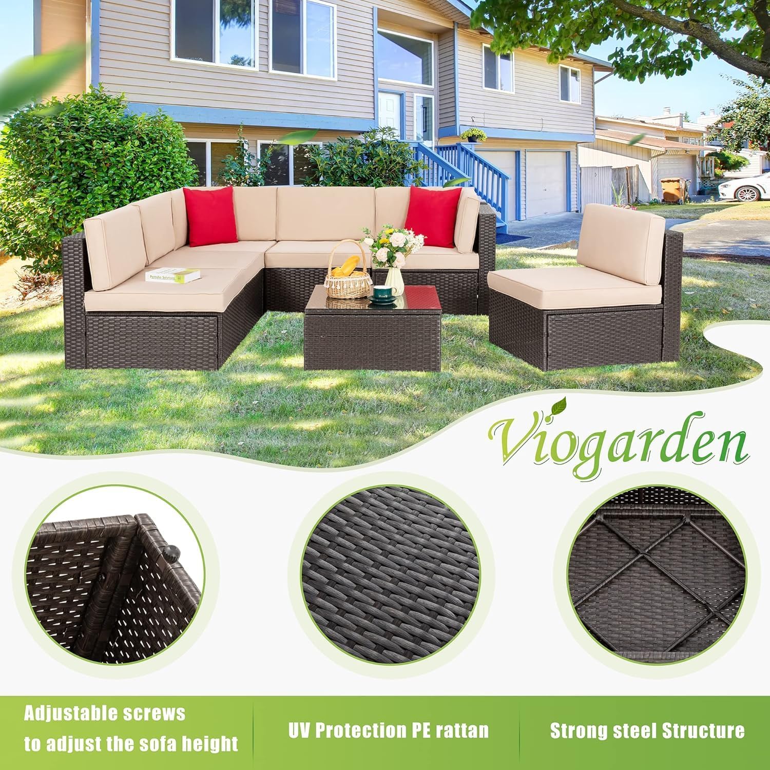 Vongrasig 7 Pieces Patio Furniture Sets, Outdoor Patio Conversation Set PE Rattan Wicker Sectional Sofa Couch with Glass Coffee Table for Garden, Poolside, Backyard, Beige
