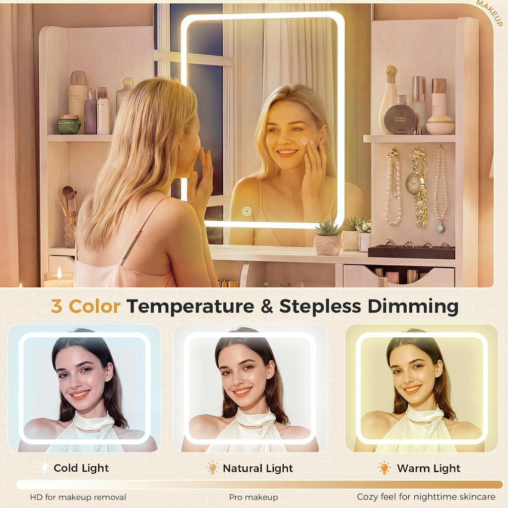 Vanity Desk with Mirror and Lights, Makeup Vanity Table with Large 6 Drawers Modern Fluted Wooden Dressing Table with Jewelry Hook 3 Color Modes Adjustable LED Mirror for Women Girls Bedroom or Dorm