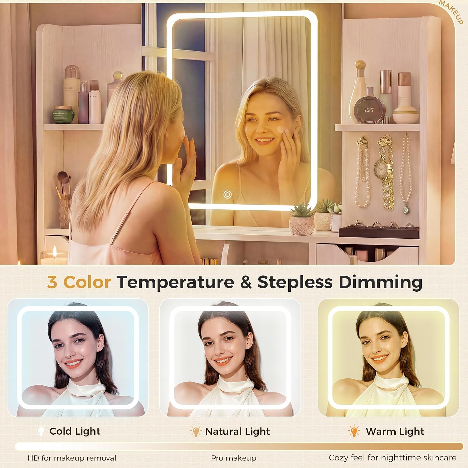 Vanity Desk with Mirror and Lights, Makeup Vanity Table with Large 6 Drawers Modern Fluted Wooden Dressing Table with Jewelry Hook 3 Color Modes Adjustable LED Mirror for Women Girls Bedroom or Dorm