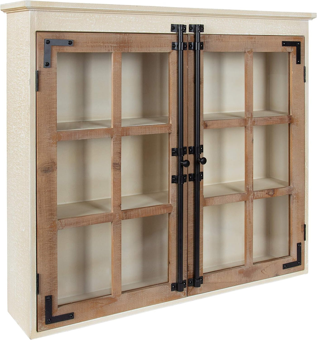Kate and Laurel Hutchins Decorative Farmhouse Wood Wall Cabinet, 30 x 6.5 x 27.5, White and Brown, Wall Cabinet with Window Pane Glass Door