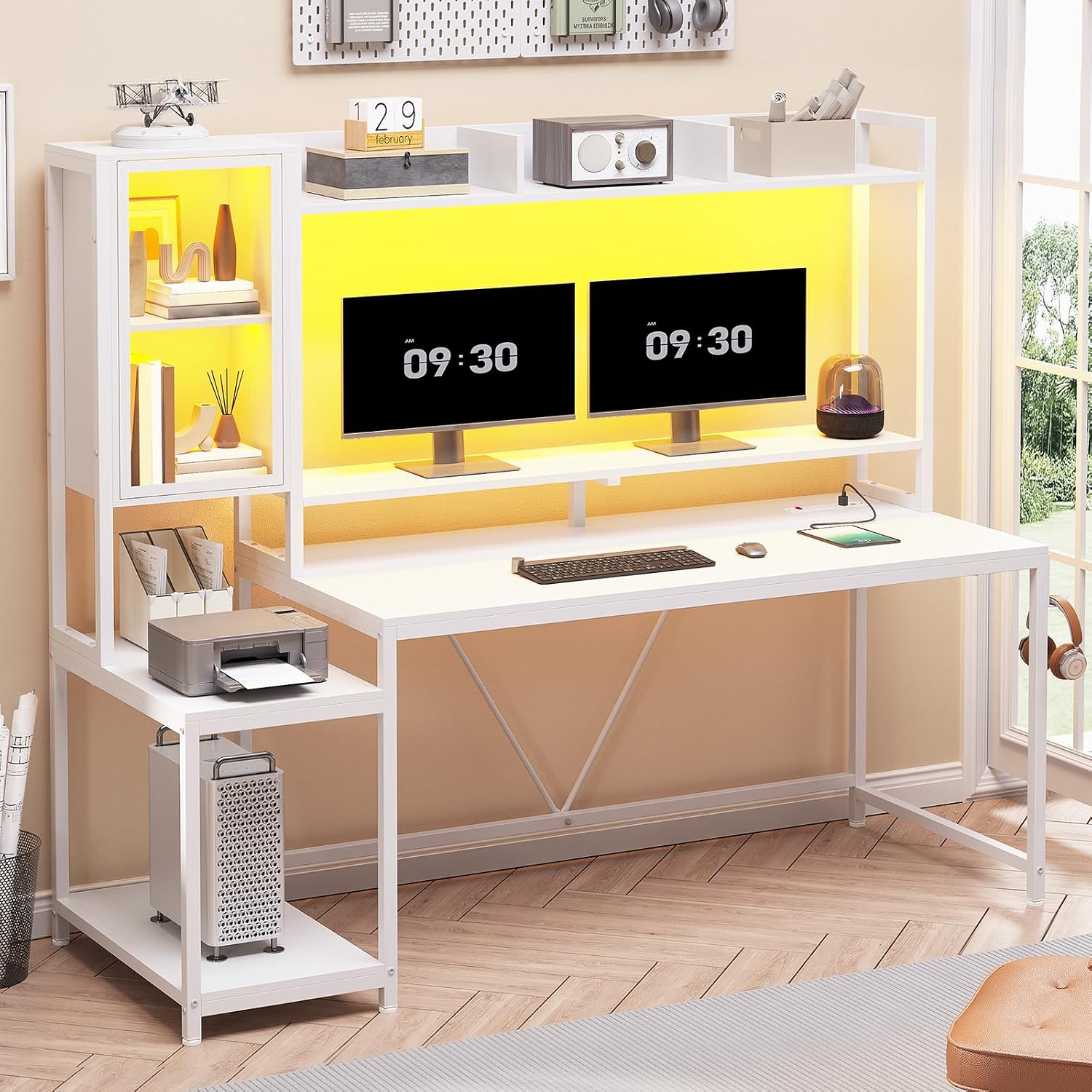 SEDETA White Gaming Desk, 60'' Gaming Desk with Hutch and LED Lights, Computer Desk with Storage Shelves, Large PC Gamer Desk with Display Cabinet, Monitor Stand, Power Outlet for Home Office