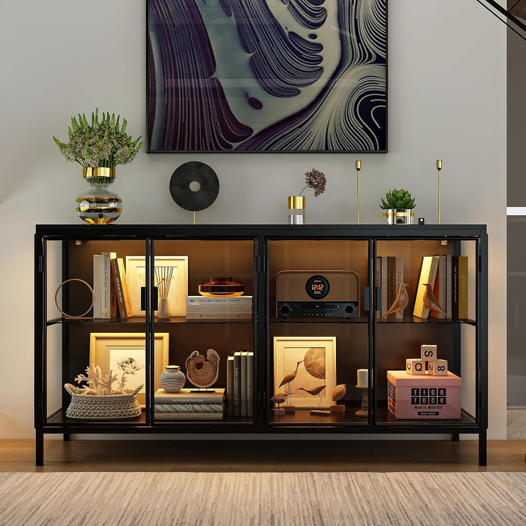 Homsee Storage Cabinet with 3-Color LED Lights, Glass Shelves & 4 Compartments, Sideboard Buffet with Solid Metal Legs, Modern Display Cabinet for Living Room Dining Room, Black | 3-Color LED Lights, Glass Shelves, 4 Compartments, Solid Metal Legs