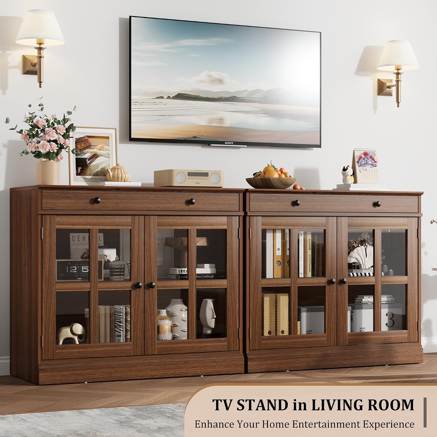 GarveeHome 35.4 in Sideboard Buffet Cabinets with Glass Door, Buffet Cabinet with Storage, Walnut Sideboard Cabinet with Drawer, Modern Buffets & Sideboards for Dining Room, Kitchen