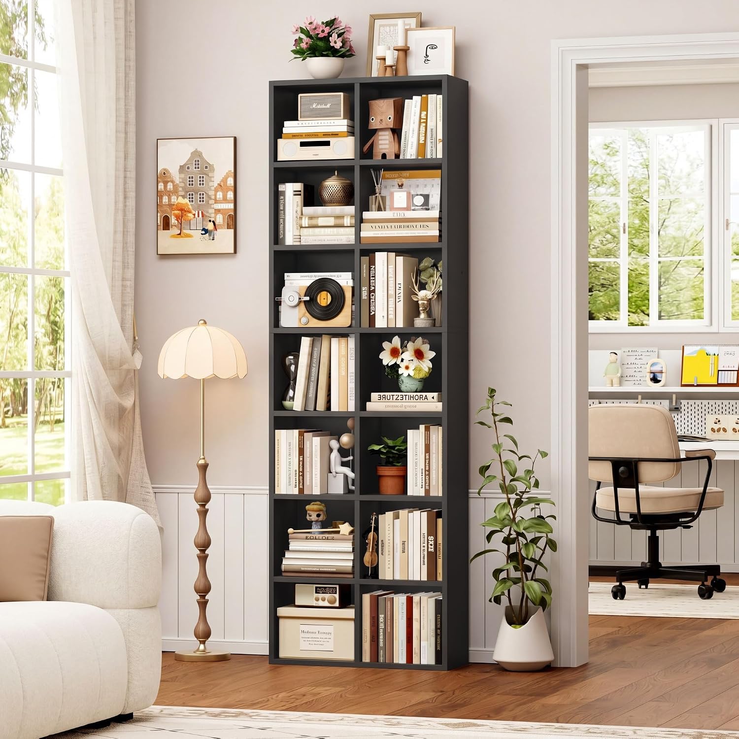FOTOSOK 71'' Tall Bookshelf Set of 2, 7 Tier Large Black Bookshelf with Adjustable Shelves, Wide Bookcases and Bookshelf, DVD/CD Media Tower Storage, Cube Book Shelf Display Shelf Cabinet, Black