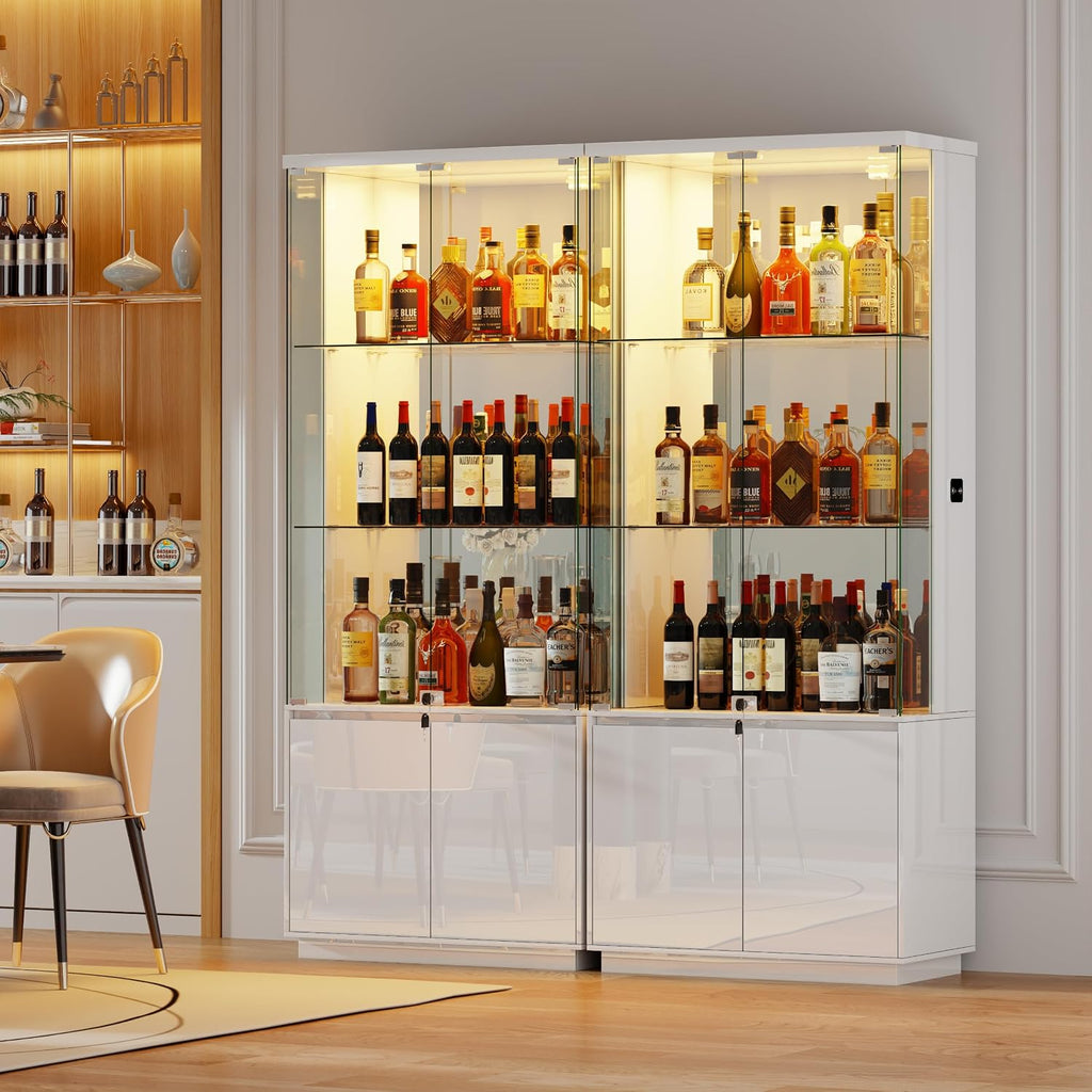 HNEBC 71'' Display Cabinet with Glass Doors&3 Color Lights&Lockable for Bedroom White,High Gloss Curio Cabinet with Adjustable Glass Shelf 3-Tier Bookcase for Living Room