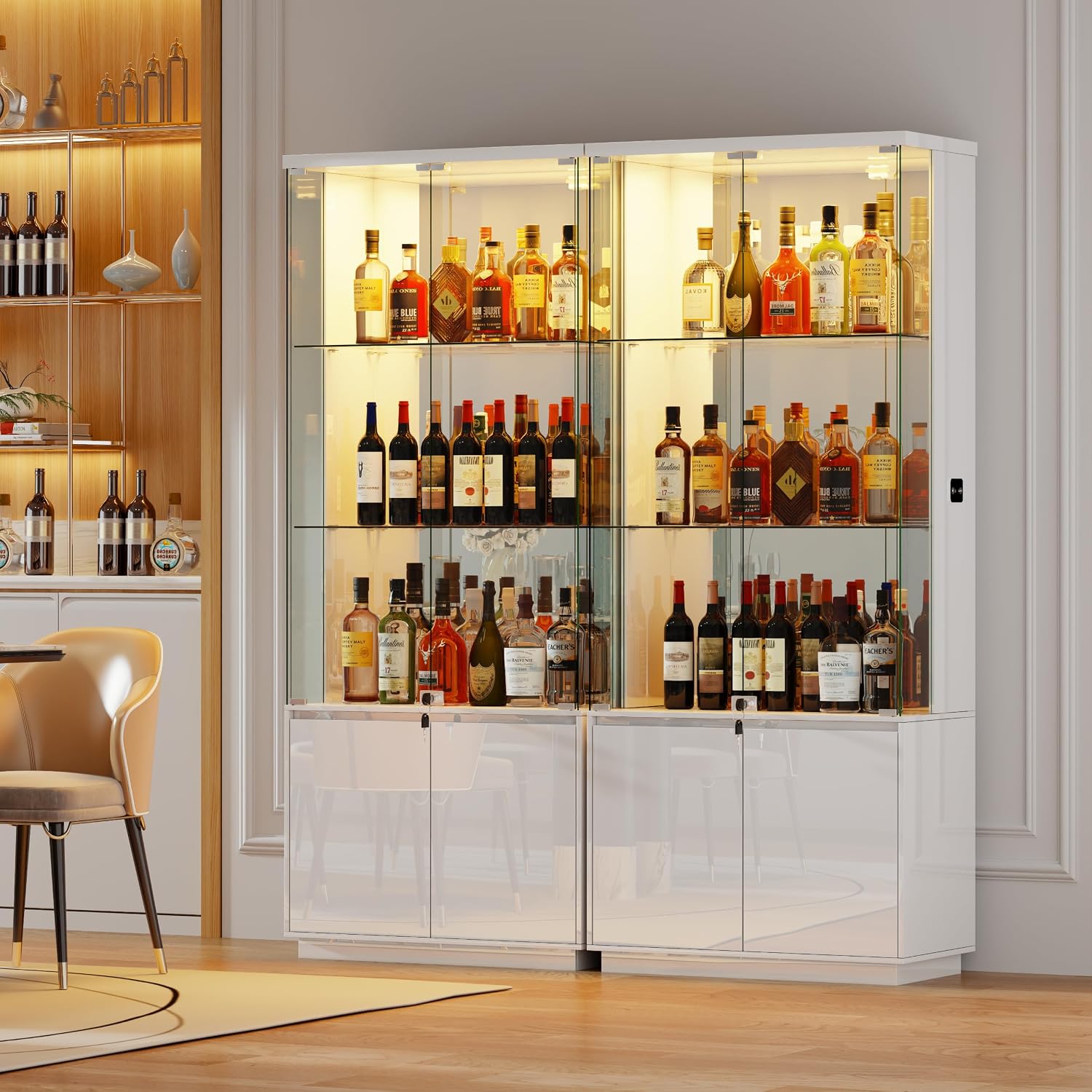 HNEBC 71'' Display Cabinet with Glass Doors&3 Color Lights&Lockable for Bedroom White,High Gloss Curio Cabinet with Adjustable Glass Shelf 3-Tier Bookcase for Living Room