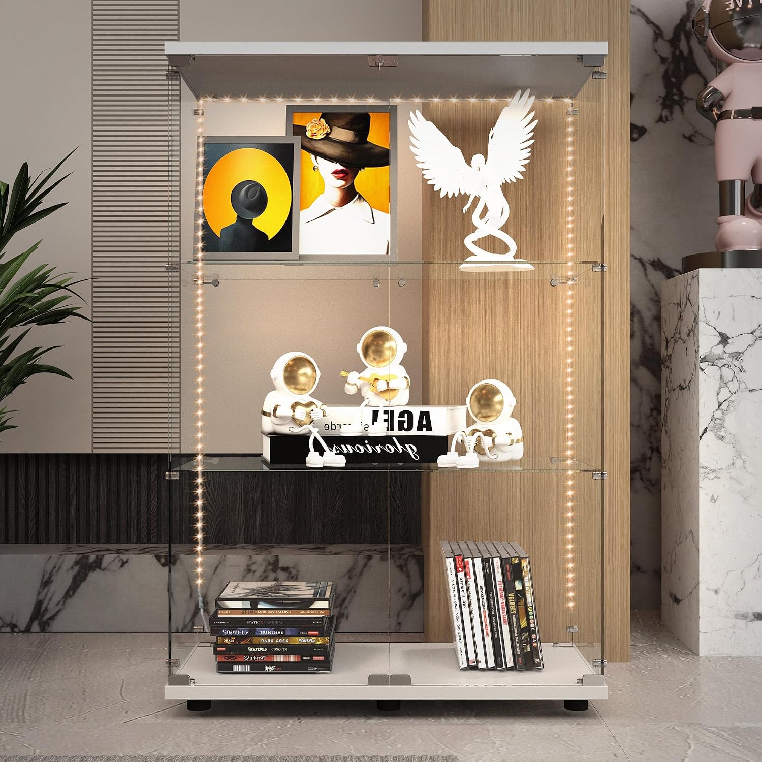 Glass Display Cabinet with LED Lights Elegant Double Doors 3 Shelves Glass Curio Cabinet with Lock 49.3' High Glass Curio Display Cabinet Showcase for Living Room,Bedroom,White