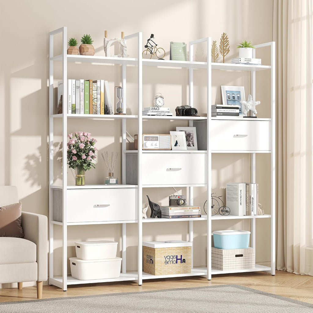 Nosepen 73.6' Tall Bookshelf with 3 Drawers and 16 Storage Shelves, Industrial Bookcase with 16 Open Display Shelves, Large Etagere Bookshelf, Triple Wide Book Shelf Book Case for Home & Office, White