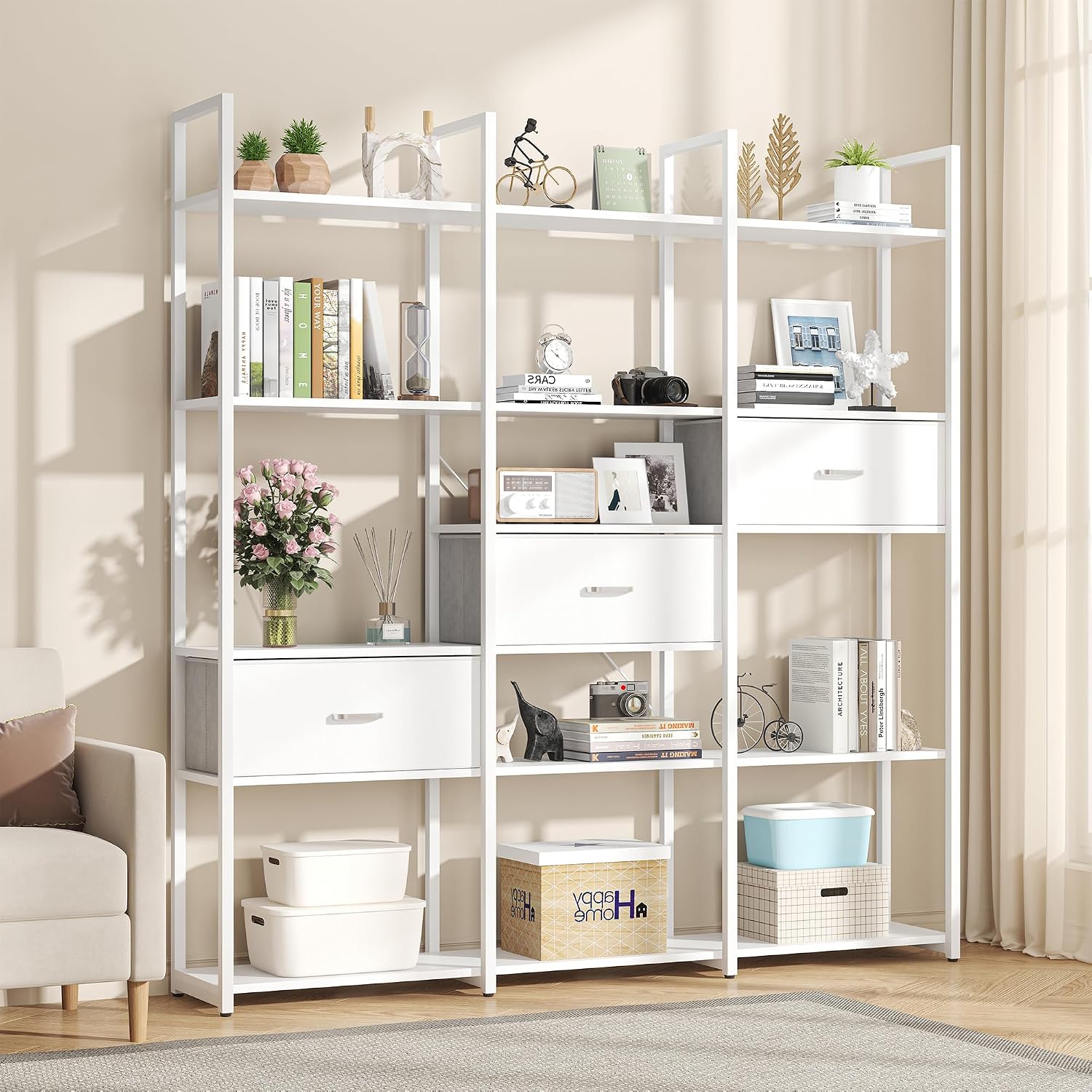 Nosepen 73.6' Tall Bookshelf with 3 Drawers and 16 Storage Shelves, Industrial Bookcase with 16 Open Display Shelves, Large Etagere Bookshelf, Triple Wide Book Shelf Book Case for Home & Office, White
