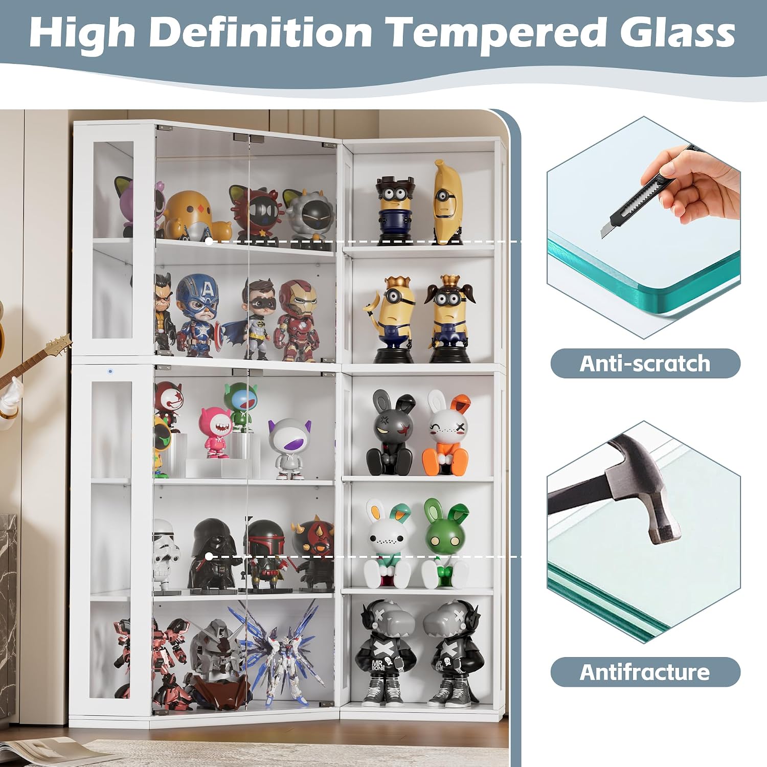 Corner Display Cabinet with Glass Doors,5-Tier Curio Cabinet with 3 Color Lights for Collectibles,71' Glass Display Case for Toys, Books, Extra Bookcase with 5 Dust-Proof Rack for Living Room, White